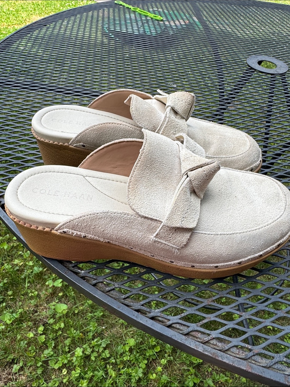 Cole Haan Beige Suede Knot-Accent Wedge Mules